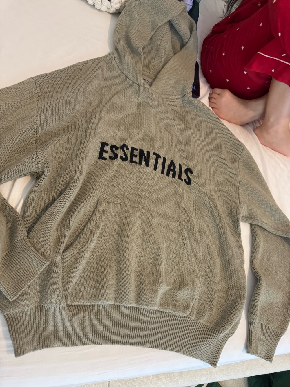 Fear of God ESSENTIALS Knit Hoodie in Sage Green with Black Logo